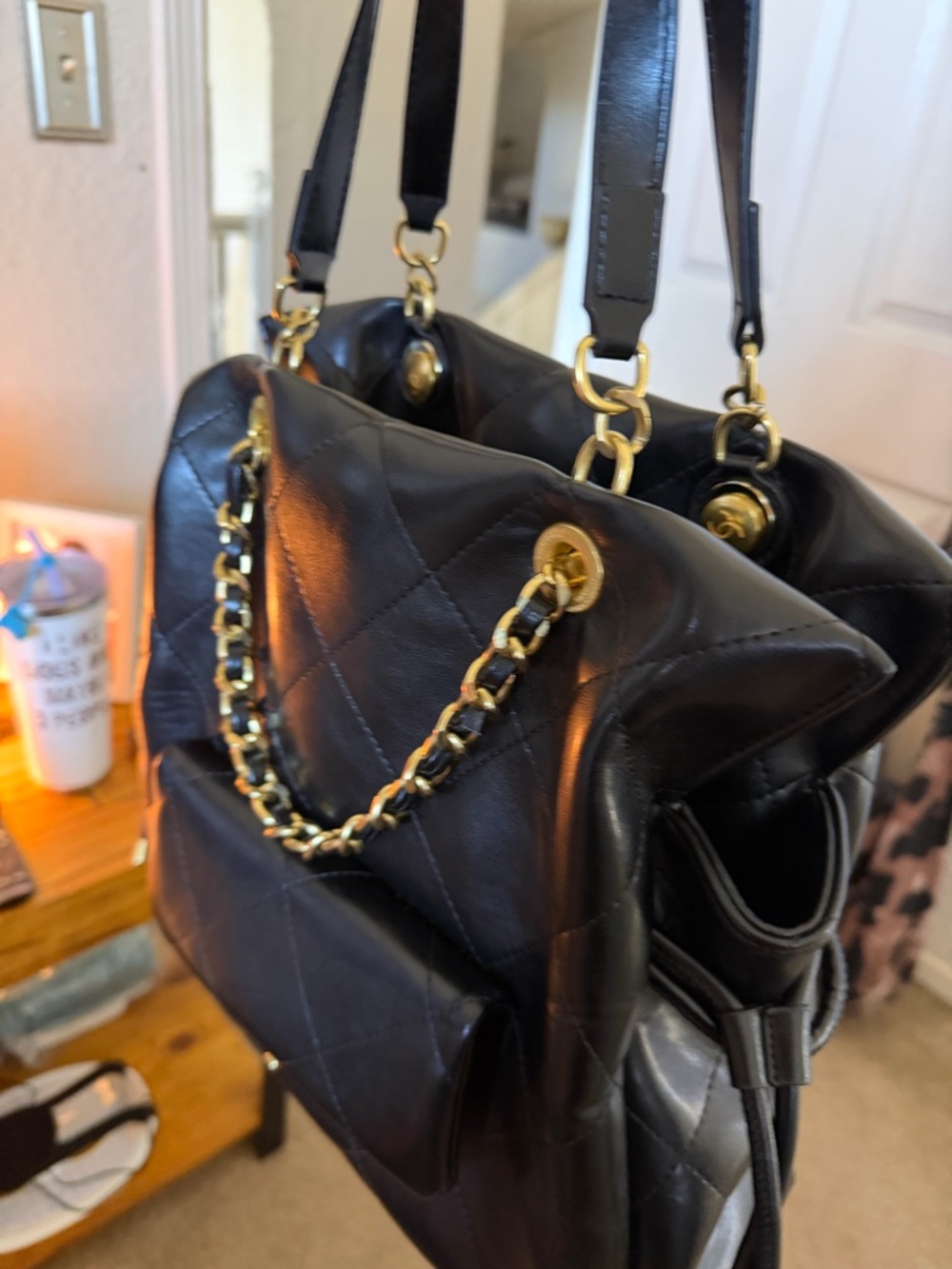 Quilted Black Leather Shoulder Bag with Gold Chain Accent - Picture 7 of 7